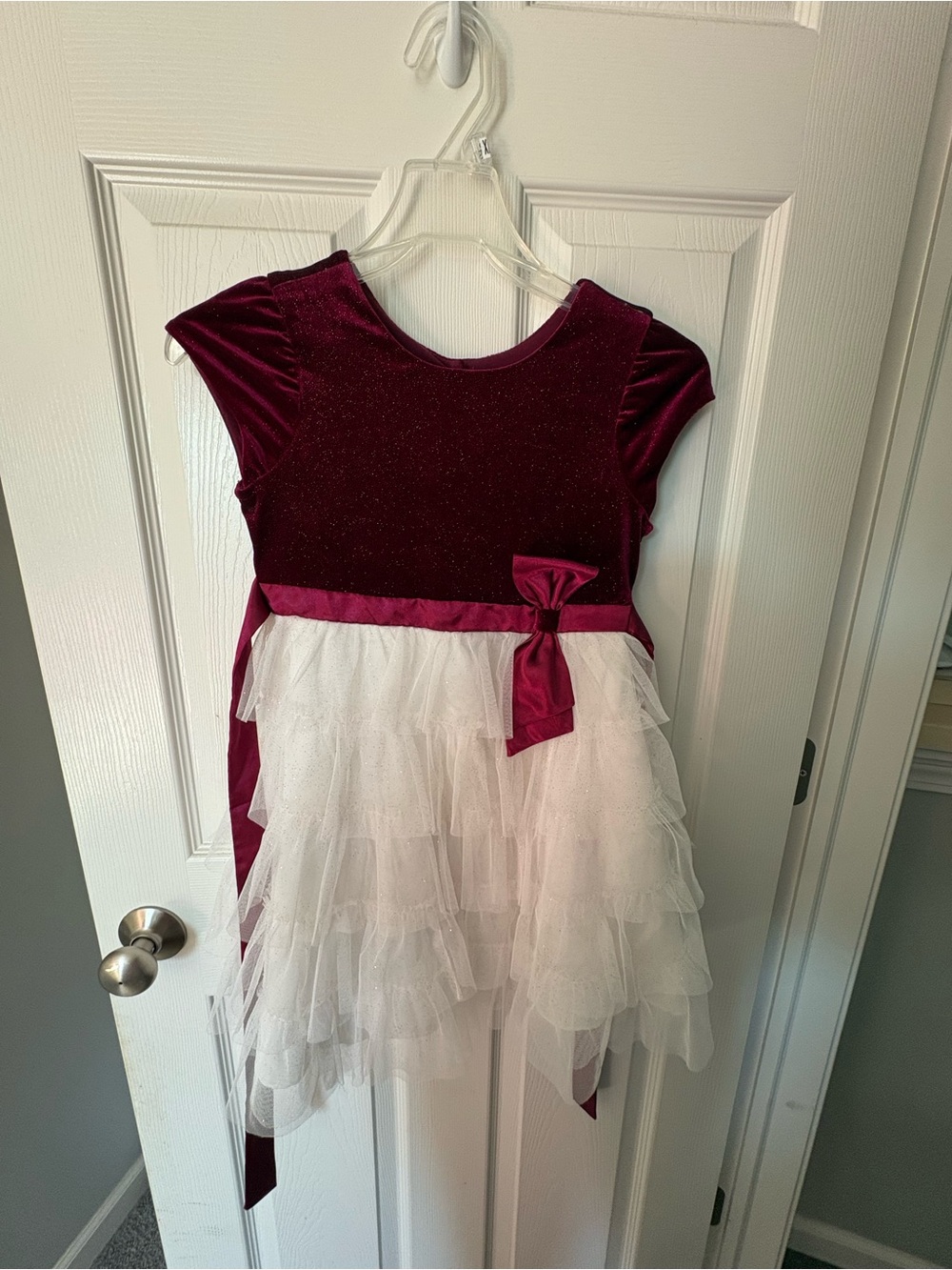 Jona Michelle Maroon and White Velvet Tulle Dance Dress